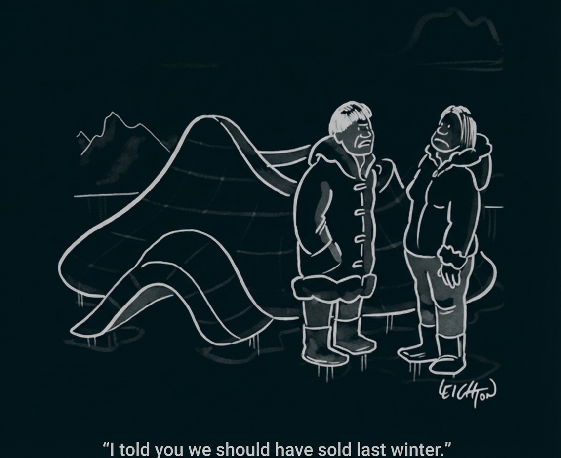 Cartoon: Zwei Personen in Wintermänteln vor einer schmelzenden Decke/Skulptur, sarkastische Bildunterschrift.